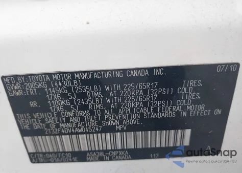 2010 Toyota Rav4 from USA, damaged, VIN 2T3ZF4DV4AW045247